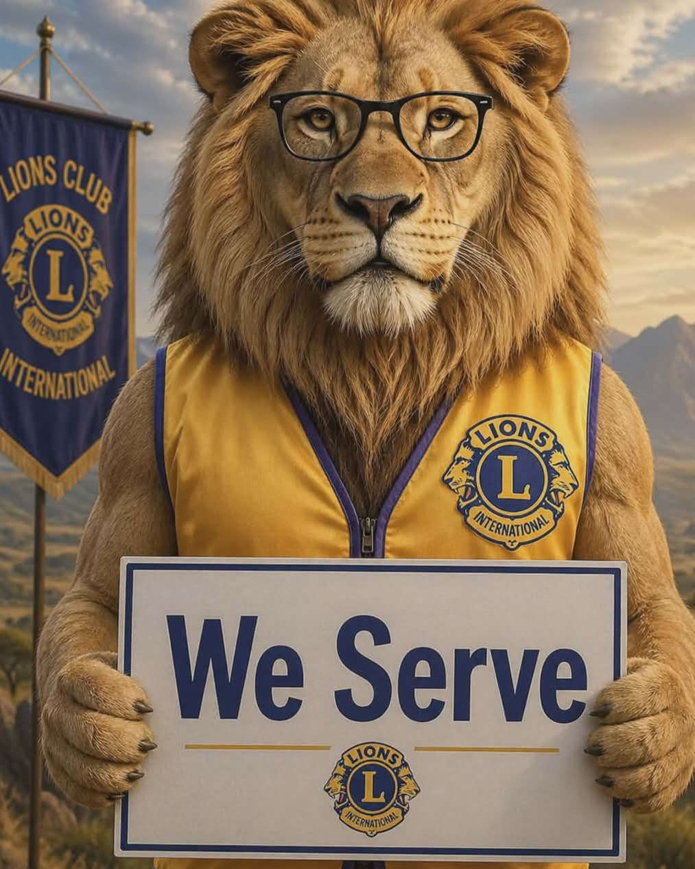 An illustrated lion wearing a Lions Club vest and glasses, holding a sign reading We Serve, with a Lions Clubs International banner beside it.